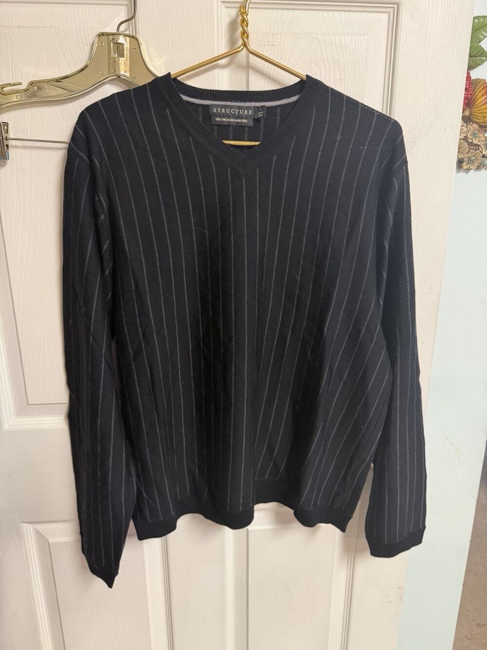Structure Men’s Black Sweater %100 Fine Italian Merino Wool Striped Large 46w